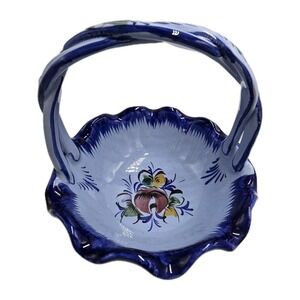 Portugal Floral Pottery Handled Basket Blue Red Yellow Purple Flowers